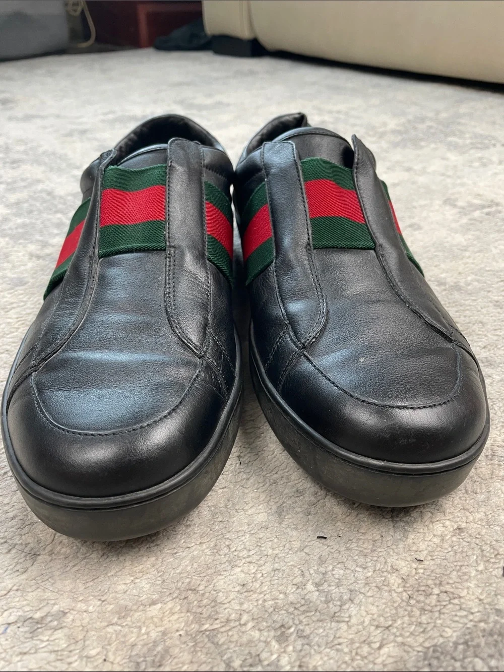 Gucci Miro Soft Web Ace Leather Slip On Sneakers Black Mens Sz 10